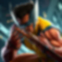 A dramatic scene featuring Marvel's Wolverine in an action pose, emphasizing his claws and intense expression, set against a linear game environment.