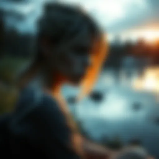 A young woman sitting by a lake, looking unwell and deep in thought, illustrating her struggle with illness after vacation.