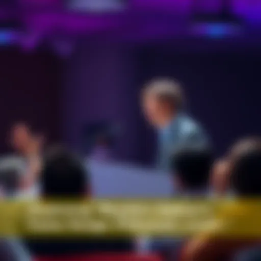 Masahiro Sakurai speaking at a podium in front of an audience, sharing his game design ideas