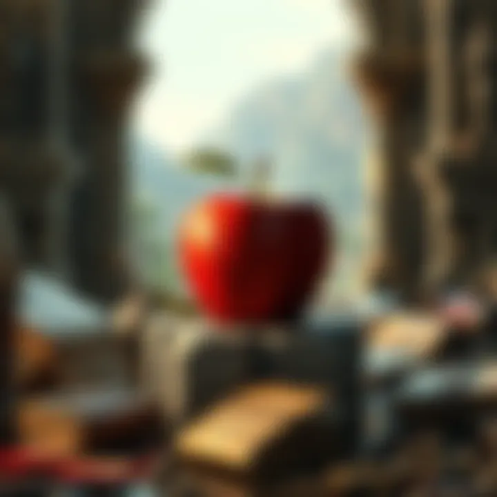 The Masiyaf Apple resting on an ancient stone pedestal surrounded by old manuscripts and artifacts, symbolizing its historical importance in the lore of Altair and Ezio.
