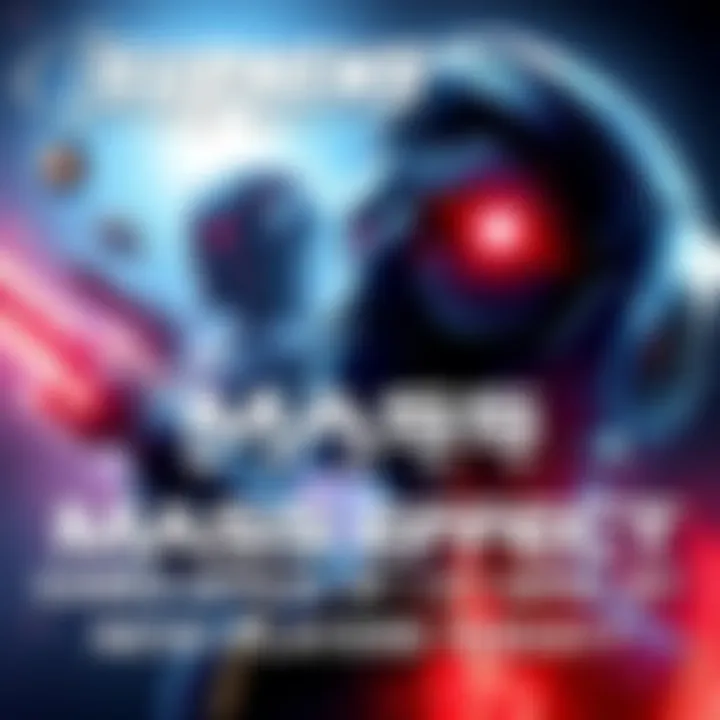 A visual representation of Mass Effect with characters and sci-fi elements from the trilogy