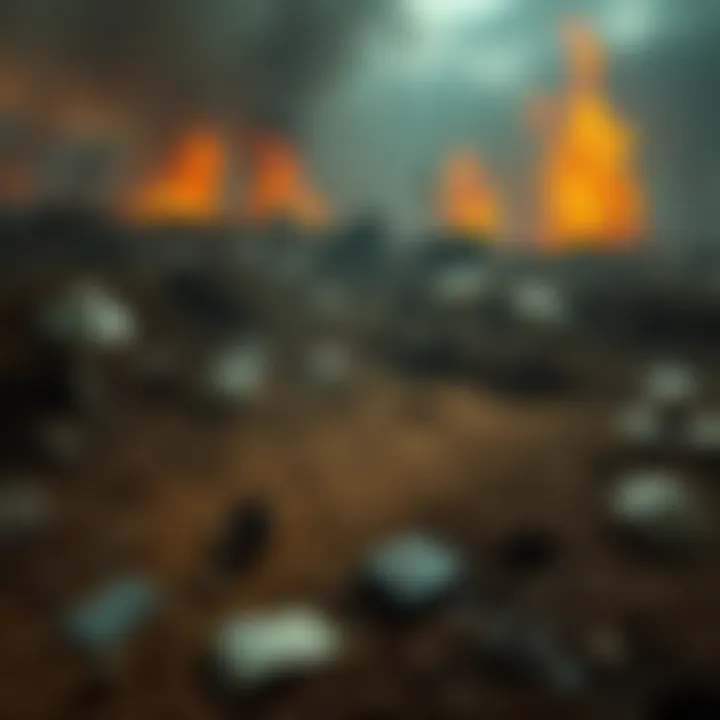 Mass Grave Discovery A mass grave site revealing remains and scattered belongings, surrounded by a chaotic battlefield from the Mushroom Wars.