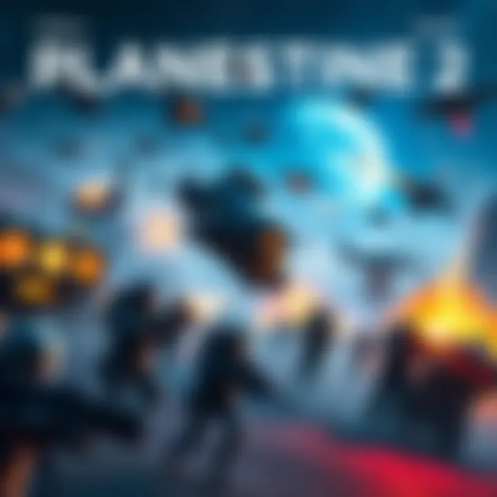 A large, chaotic multiplayer battle scene in Planetside 2, featuring numerous players engaged in combat with futuristic weapons and vehicles