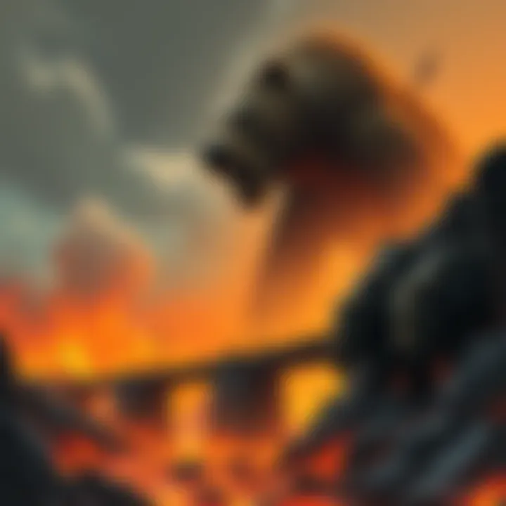 A giant Rune Bear looms over a bridge that spans a river of lava, creating a scene of chaos and danger for a nearby town.