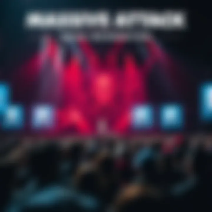 Audience at a Massive Attack concert with facial recognition screens displaying visuals related to surveillance issues