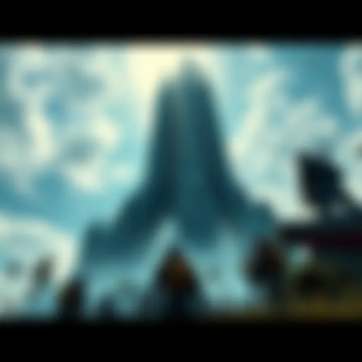 A giant structure dominates the landscape, with players gazing up in awe, highlighting its impact on gameplay.