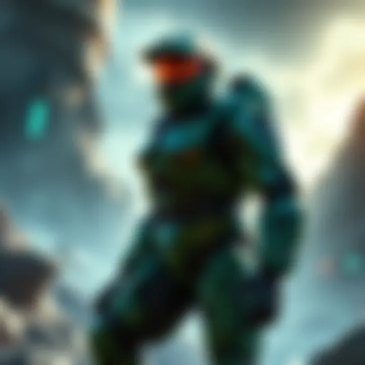 Master Chief in his armor, standing strong with a futuristic landscape behind him, showcasing his impressive stature and readiness for battle.
