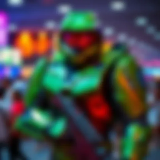 A cosplayer dressed as Master Chief in a detailed green armor suit, posing at LA Comic Con with a backdrop of vibrant event atmosphere.