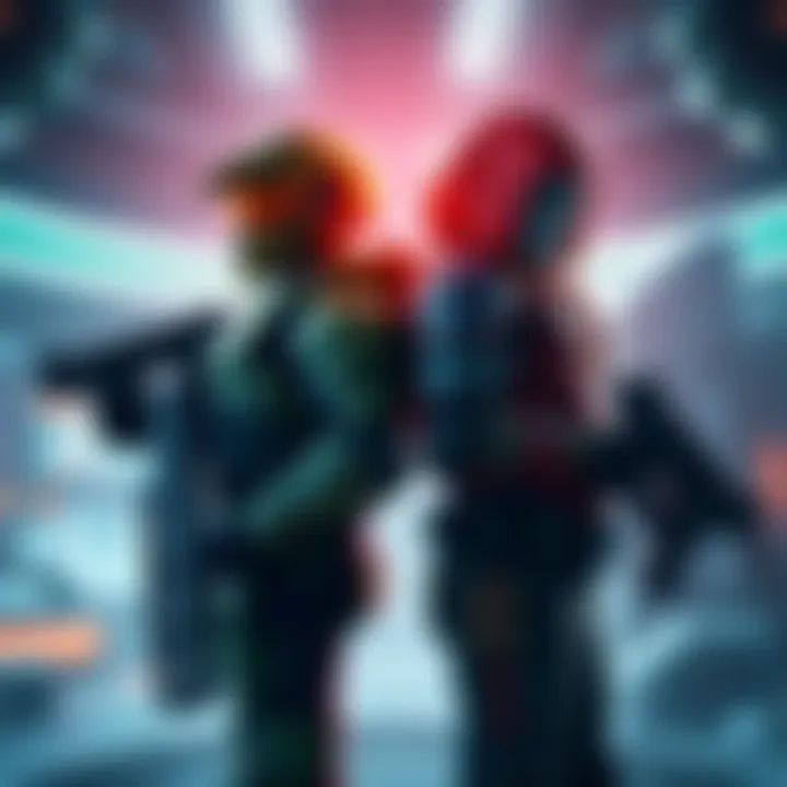 Master Chief and Doom Guy standing back to back, ready for action in a futuristic setting, with weapons drawn and intense expressions.