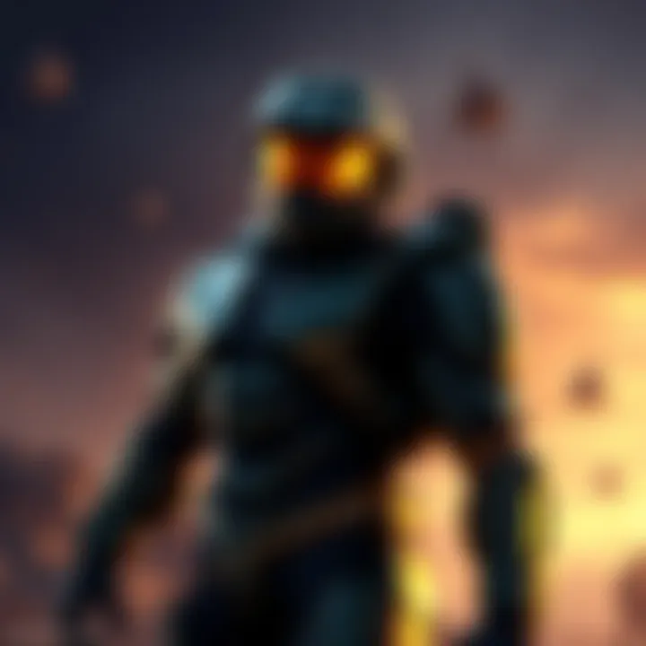 Master Chief in battle armor, standing on a battlefield with a glowing backdrop, symbolizing his heroic journey ending after Halo 3.