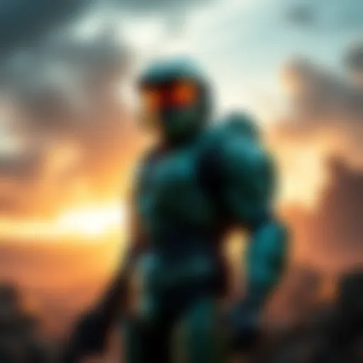 Master Chief stands alone in a battle-ready pose, wearing green armor with a visor, against a backdrop of a war-torn landscape.