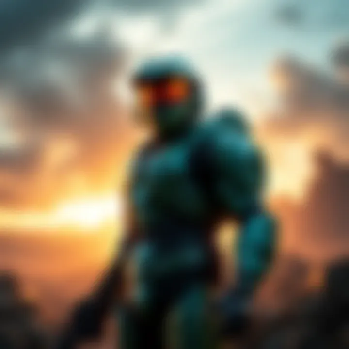 Master Chief in Halo 3 Master Chief stands alone in a battle-ready pose, wearing green armor with a visor, against a backdrop of a war-torn landscape.