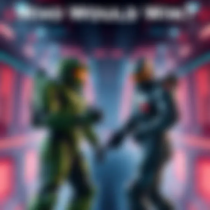 Master Chief and Noble 6 face off, ready for combat in a stylized arena. Master Chief wears his iconic green armor while Noble 6 sports a sleek black and gray suit. Both are in dynamic battle poses, showcasing their readiness for a showdown.