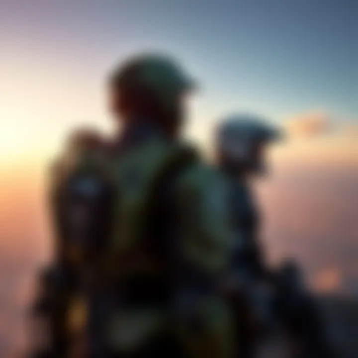 Master Chief and Pilot in Halo Infinite Master Chief with his iconic armor stands next to the pilot, both looking out over a vast open-world landscape in Halo Infinite.
