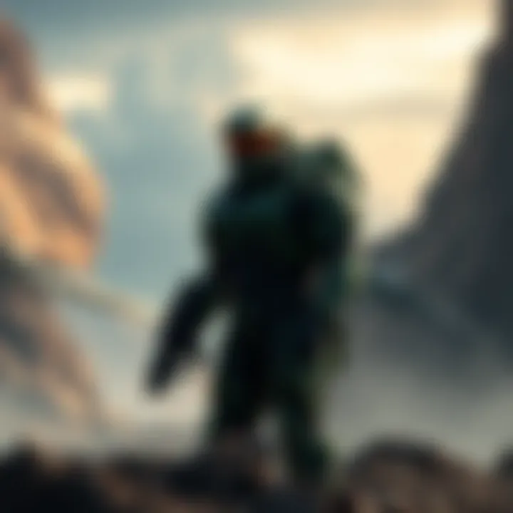 Master Chief standing silently in his combat armor amidst a war-torn landscape during The Fall of Reach