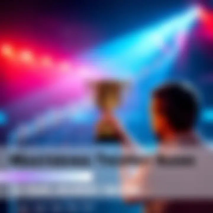 A person holding a trophy with a backdrop of a timeline showing milestones over 15 years