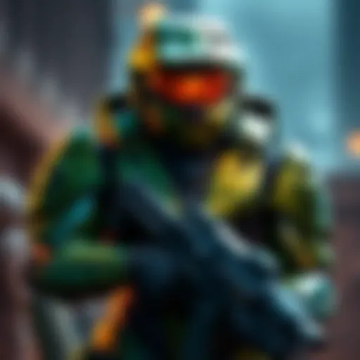 Master Chief, a strong and stoic soldier in armor, stands ready for battle with a weapon, showcasing a fierce expression and classic one-liners in a game setting.