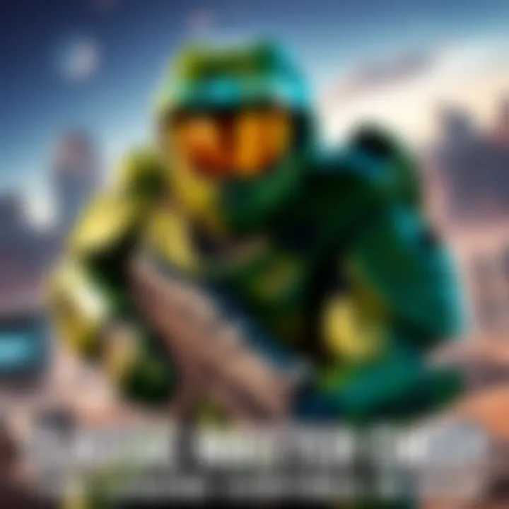 Master Chief in Action Master Chief wearing green armor and visor, engaged in battle on a futuristic landscape