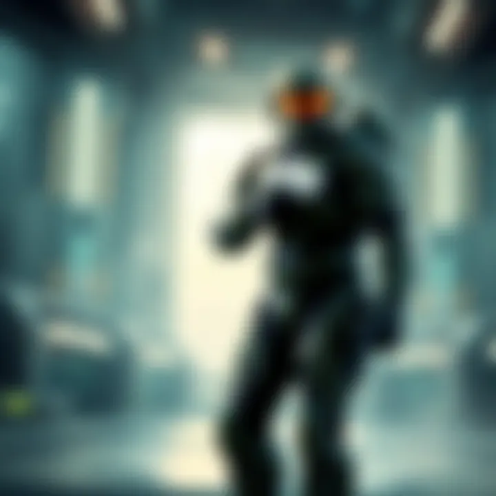 Master Chief standing confidently with a weapon drawn, ready for action in a futuristic setting