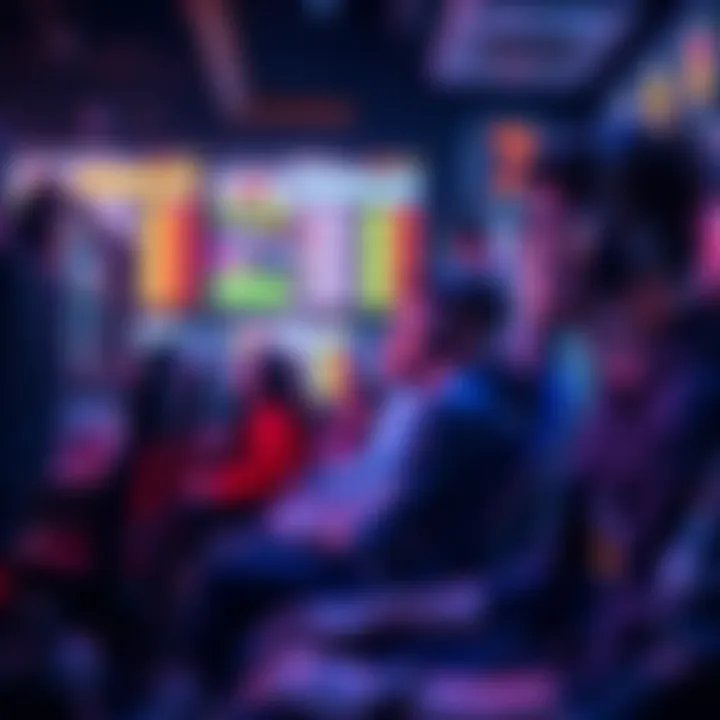 A group of gamers eagerly waiting for match results on their screens, showcasing various game modes and player numbers.