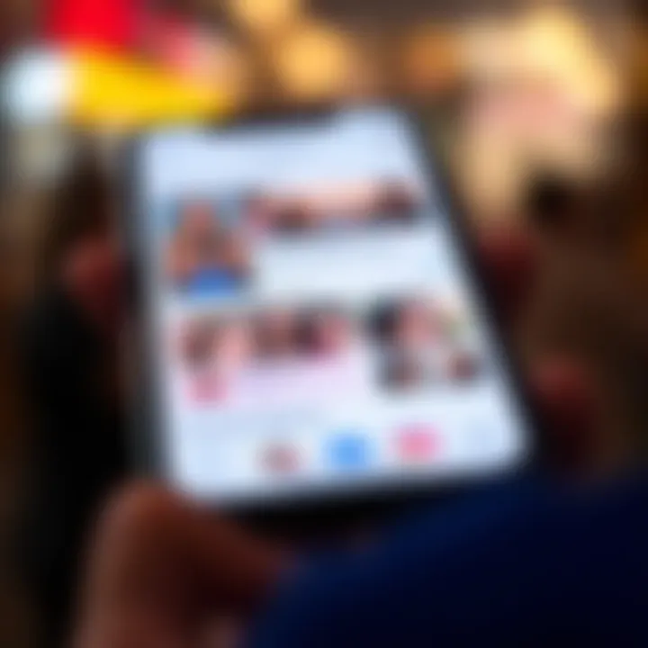 A close-up of a smartphone displaying a matchmaking app with profile pictures and messages, showing mixed reactions from users