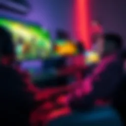 A player frustrated with tough matchmaking on a laptop while another player enjoys an easier game on GeForce Now. In the background, a gaming setup showing both devices.