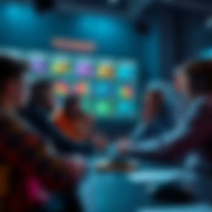 A group of people discussing matchmaking options in a gaming environment, with graphics showing skill tiers and matchmaking styles.