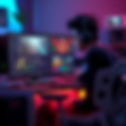 A gamer at a computer, analyzing matchmaking options between skill-based and loot-based systems, with game graphics on the screen.