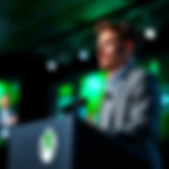 Matthew Ball, Xbox Chief Strategy Officer, speaks at a podium about the benefits of in-game advertisements for lowering costs
