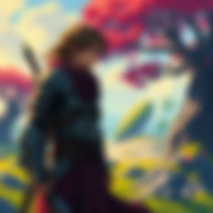 A serious video game character in a fantasy setting, wearing modern armor, standing in an engaging landscape, reflecting mature themes.