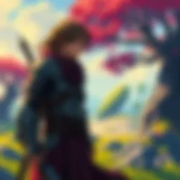 Mature JRPG Character A serious video game character in a fantasy setting, wearing modern armor, standing in an engaging landscape, reflecting mature themes.