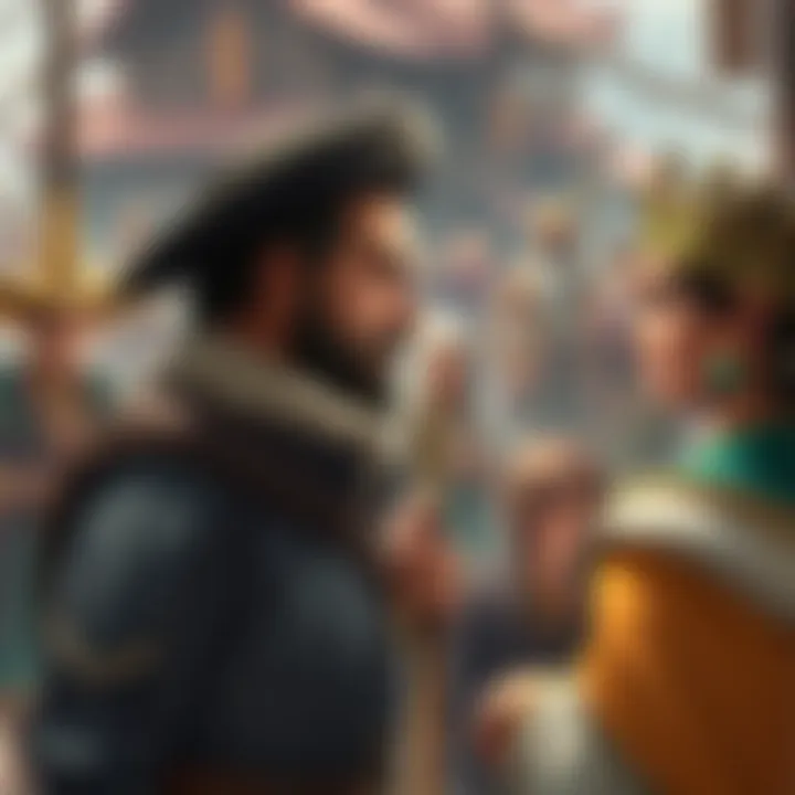 Mauga Negotiating with the Queen Mauga discusses a deal with the queen in Junker Town, showing a confident demeanor. The background reveals a bustling town with various characters observing the negotiation.