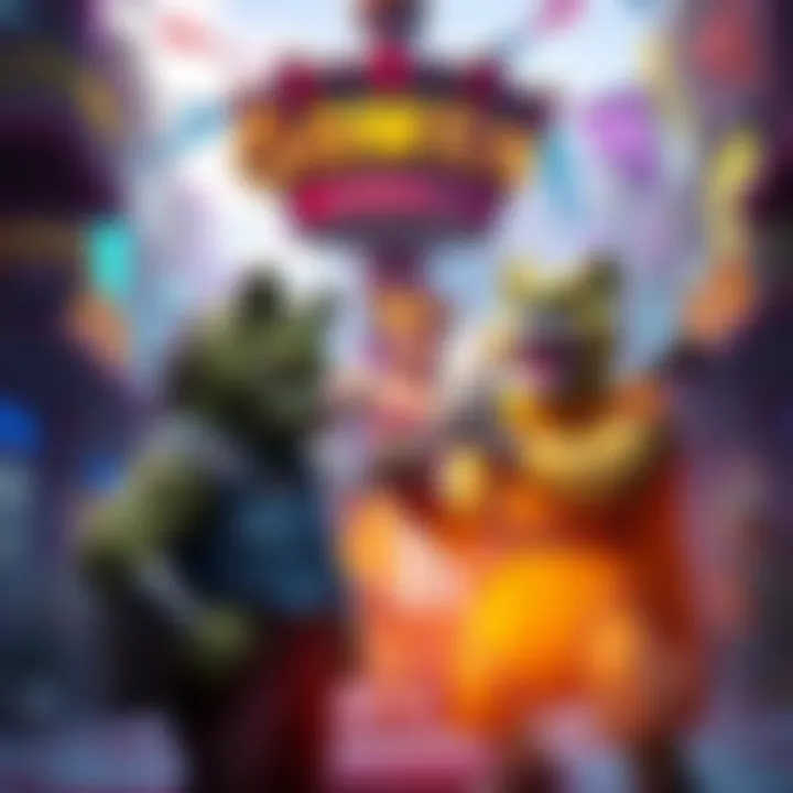 Mauga confronting Junker Queen in Junkertown Mauga stands confidently in front of Junker Queen, with Roadhog and Junkrat nearby, amidst the colorful chaos of Junkertown.