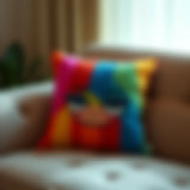 Mauge meme pillow A colorful Mauge meme pillow with a funny face that emits a sound when pressed, placed on a sofa.