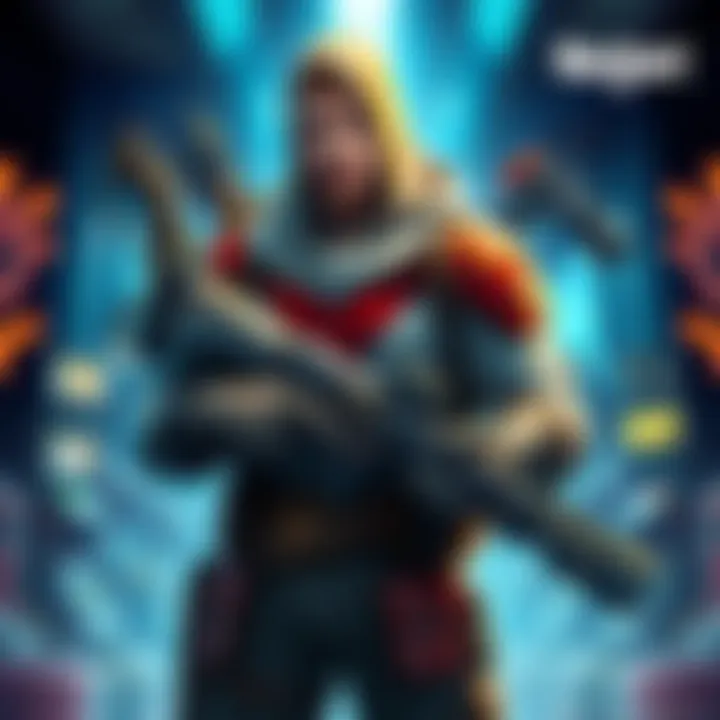 Max Ammo Character Concept Digital art of a character named Max Ammo, featuring him holding various weapons with a gaming setting in the background.