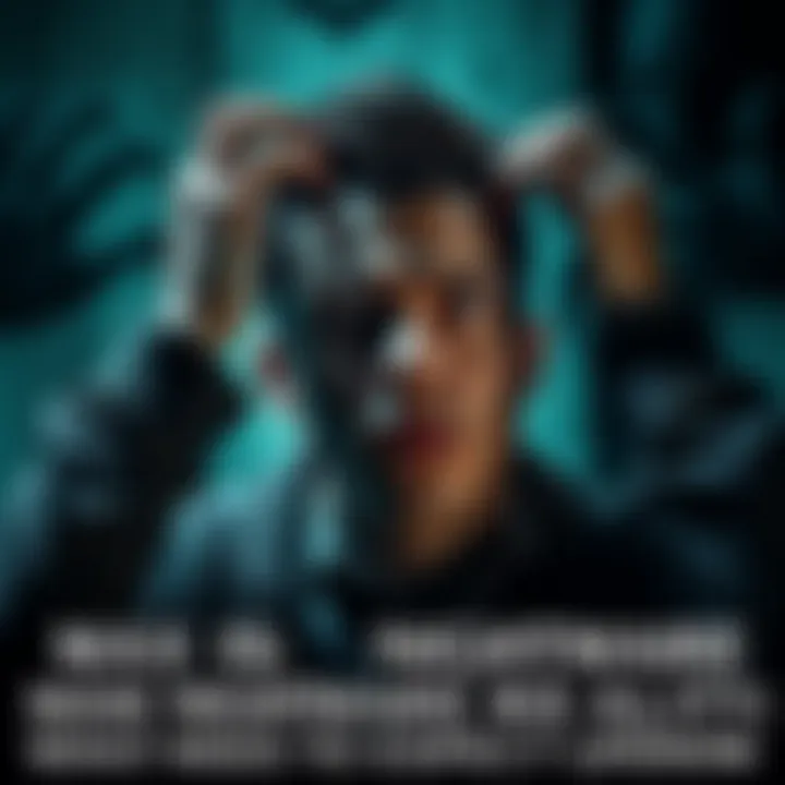 A worried young man with his hands on his head, looking distressed as shadows loom around him, representing his nightmares coming to life.