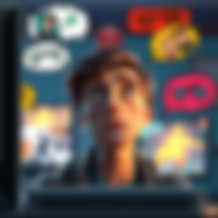 Max looks shocked while staring at a computer monitor, surrounded by colorful thought bubbles depicting funny theories and characters like Tom Cruise and Brad Pitt fighting