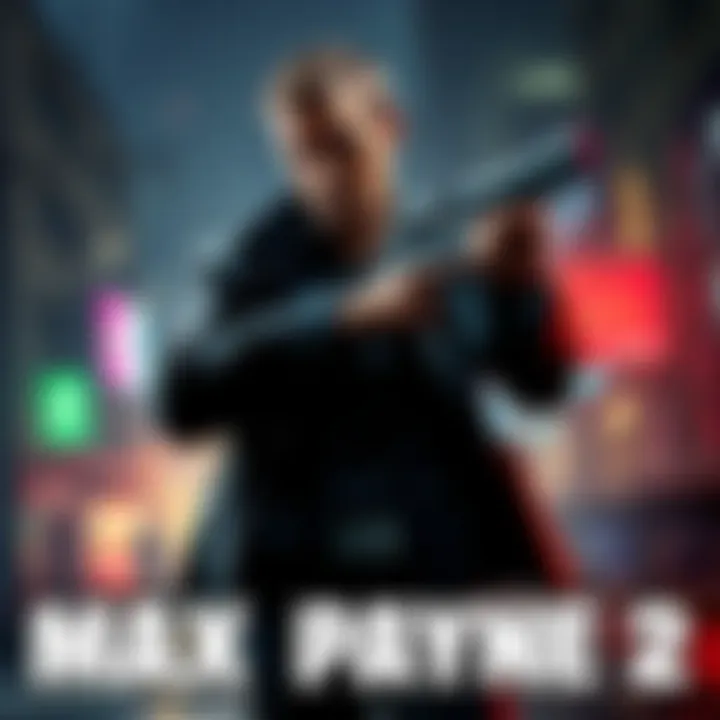 Max Payne 2 Character in Action A character from Max Payne 2 in a dramatic pose with a gun, set against a dark urban backdrop