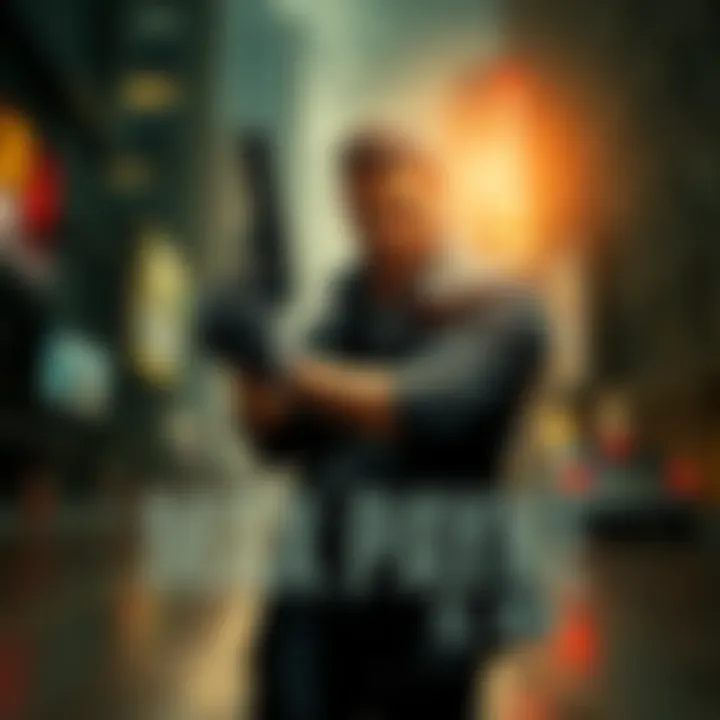 Max Payne character with a gun A stylized depiction of Max Payne, the troubled detective, holding a gun in a dark city setting.