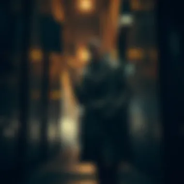 Max Payne, a brooding character in a trench coat, stands in a shadowy alley holding a gun, representing the essence of noir