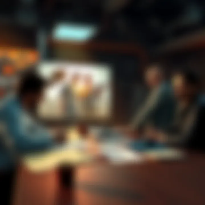 A game development scene showing a team discussing the Max Payne remake project, with concept art and notes on a table.