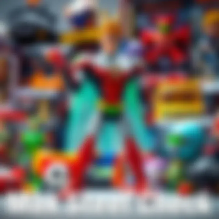 Max Steel Action Figure A vibrant Max Steel action figure in a dynamic pose, showcasing its stylish design and bright colors, surrounded by various toys and memorabilia from the series.