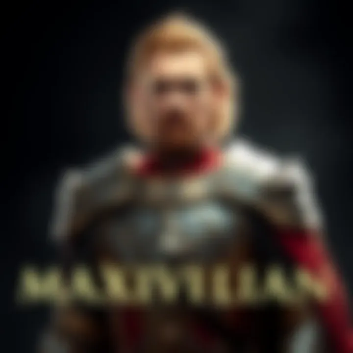 A character portrayal of Maximilian, dressed in armor with a noble expression, showing both strength and integrity, standing in a dramatic pose against a dark background.