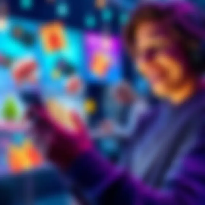 A person using a smartphone to track MS Rewards points with a happy expression, surrounded by images of rewards like gift cards and discounts.