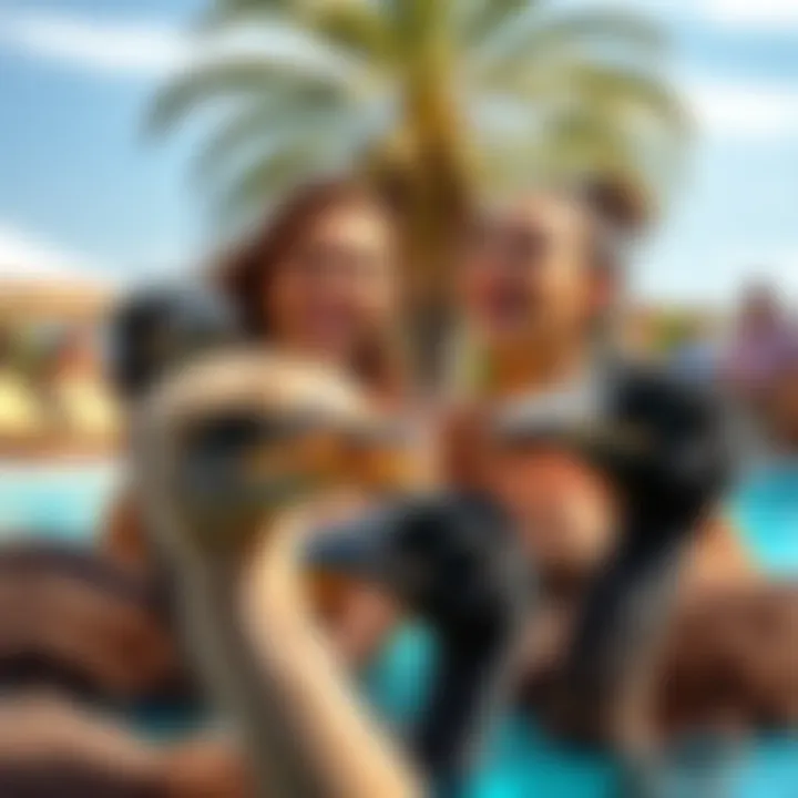 Maya and Zelina Vega laughing with emus at a sunny pool party, surrounded by guests enjoying fun activities