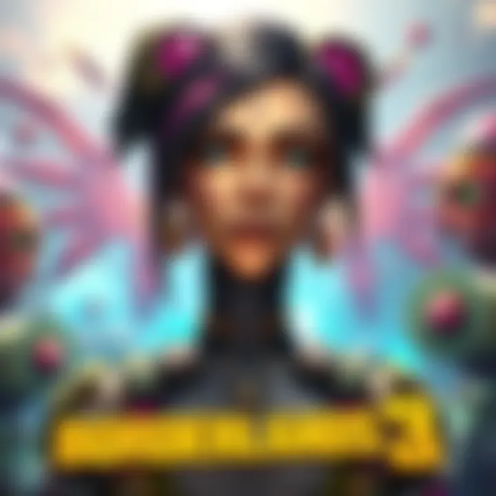 Maya from Borderlands 3 Maya standing with a serious expression, surrounded by colorful game elements reflecting her emotional story arc.