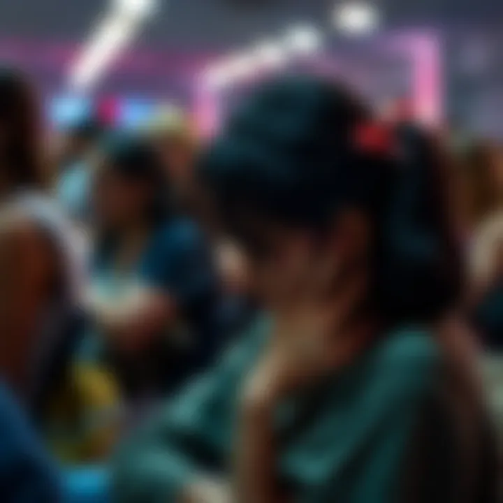 Maya sits alone with her head down, feeling embarrassed and isolated in a crowded room, highlighting the effects of social pressure.
