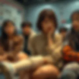 Mayu sitting with a worried expression, her broken leg in a cast, surrounded by concerned friends. Social media posts visible in the background.