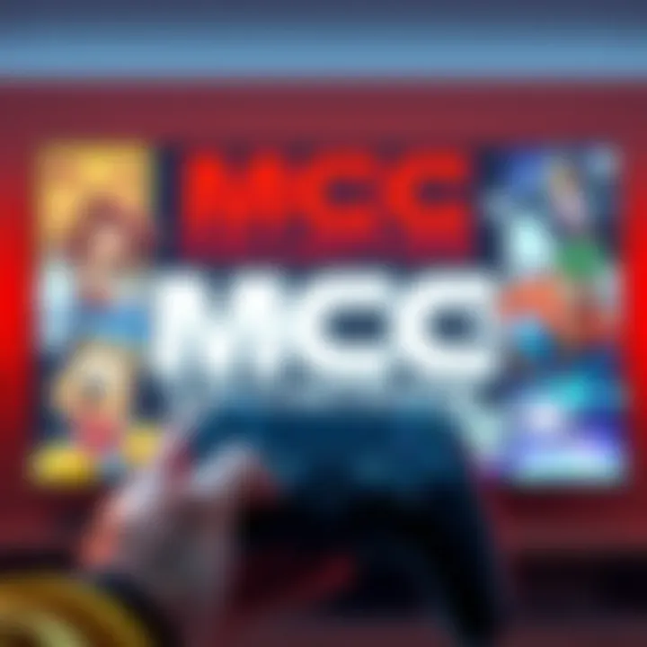 A hand holding a game controller with the MCC collection logo displayed on a screen in the background