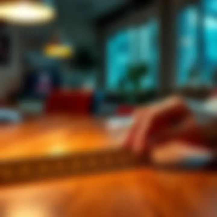 A person holding a ruler and measuring the distance on a table to check if the space is sufficient, showing clear measurements on the ruler.